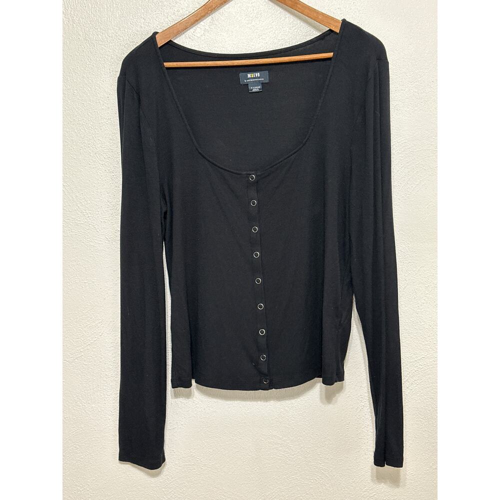 Maeve by Anthropologie Ultra Soft Ribbed Long Sleeve Henley Snap Shirt XL Black
